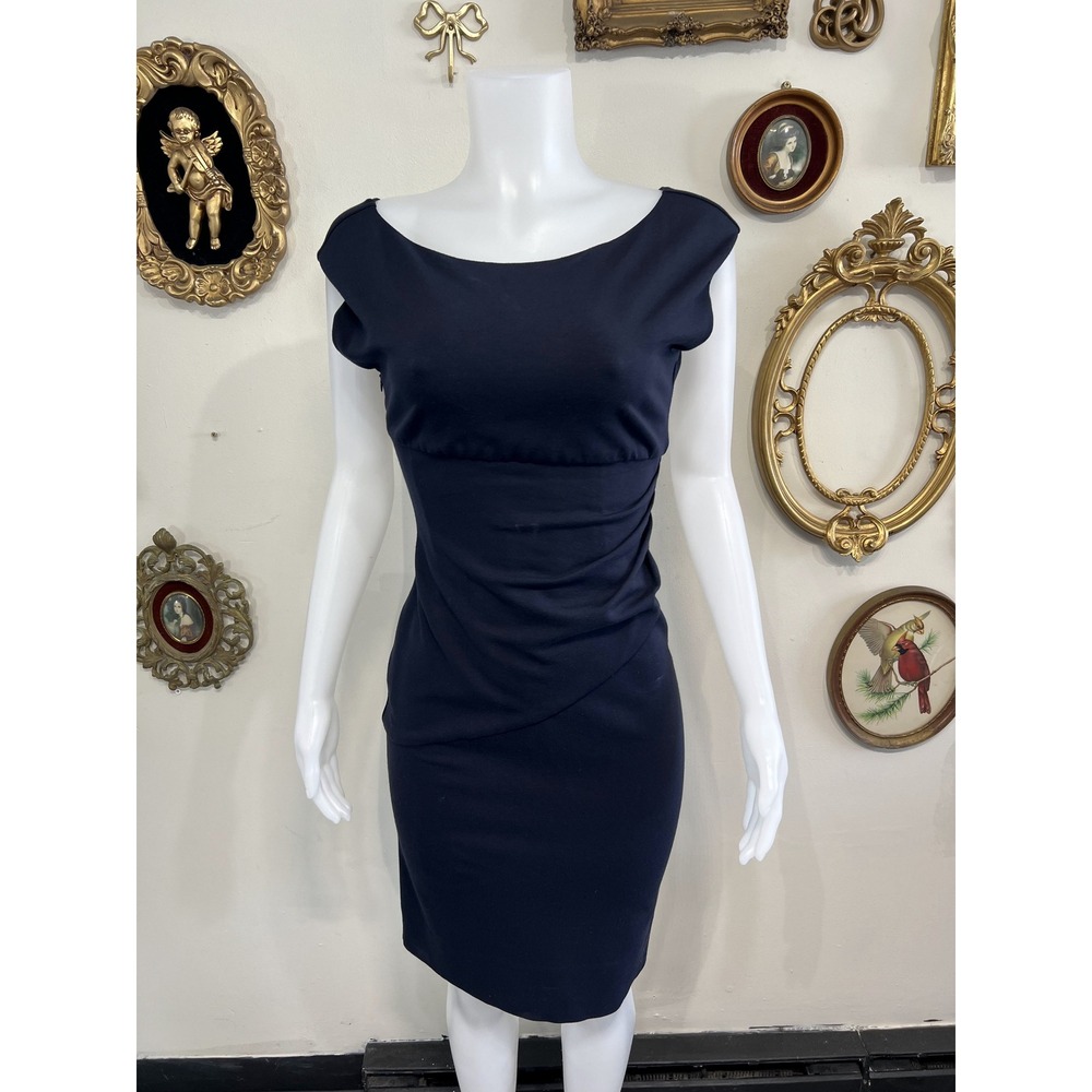 Diane von Furstenberg Navy Blue Cap Sleeve Ruched Midi Dress Size 8